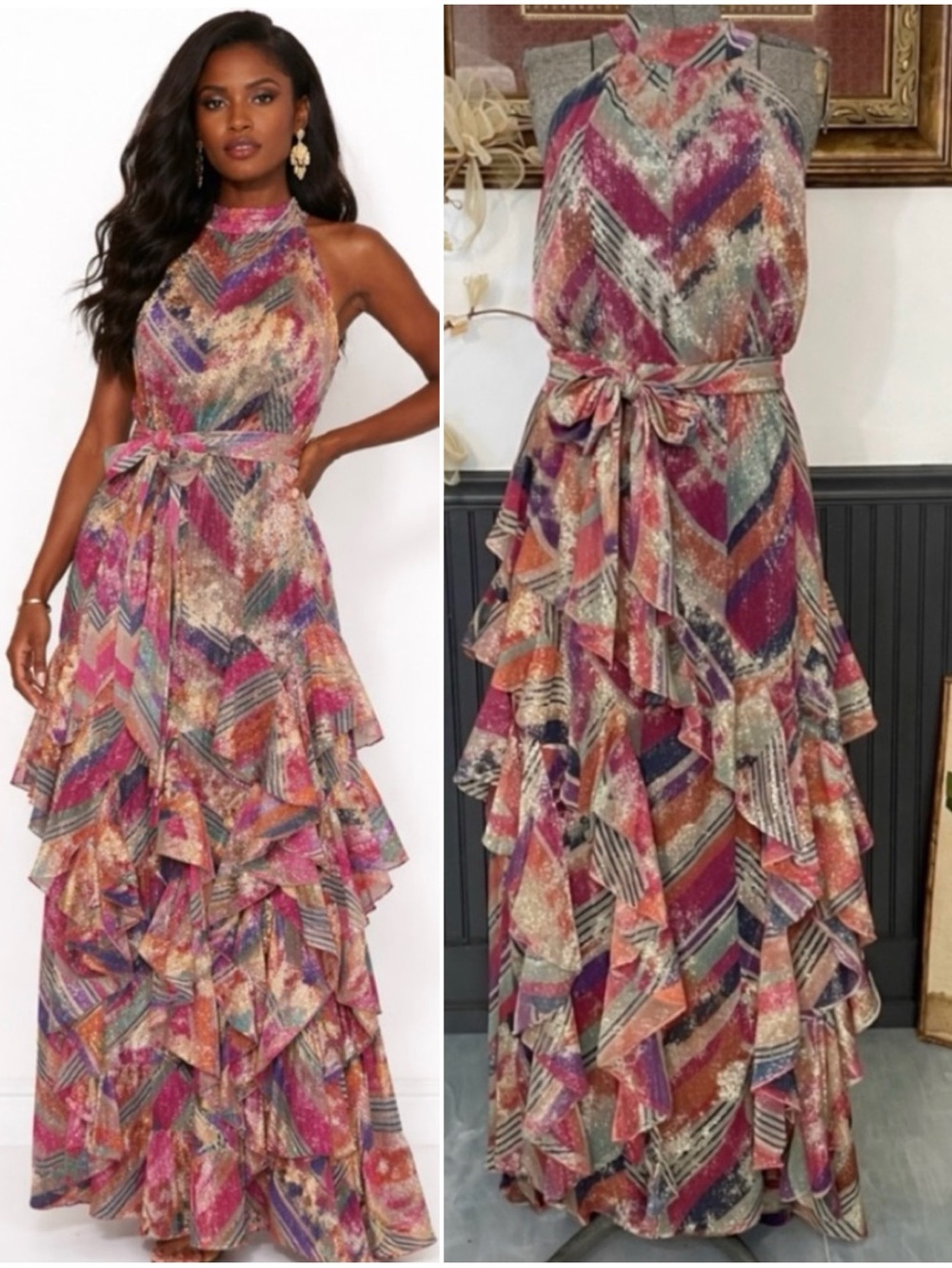 WILLA STORY Stella Metallic Colorful Ruffle Waterfall Maxi Dress Sz M 🧡🎀